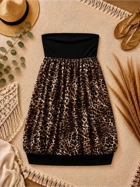 Y2K Strapless Leopard Bubble Skirt Dress with Black Bands